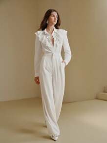 Anewsta Elegante Damen Weihnachtsbluse mit Edelstein- und Perlenbesatz, Rüschenkragen - Weiss - Übersicht 6