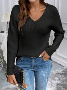 SHEIN LUNE 女士V领长袖休闲毛衣，纯色，适合秋冬季针织套头衫 - 黑色 - 查看 3