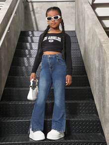 Tween Girl Casual Elastic Flare Washed Jeans, Versatile And Comfortable For Everyday Wear - Medium Wash - View 3