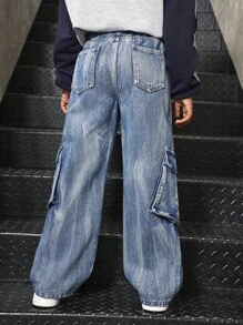 Tween Girl Casual Y2K Personality Slant Pocket Utility Washed Tie-Dye Loose Straight Leg Cargo Jeans, Streetwear Style
