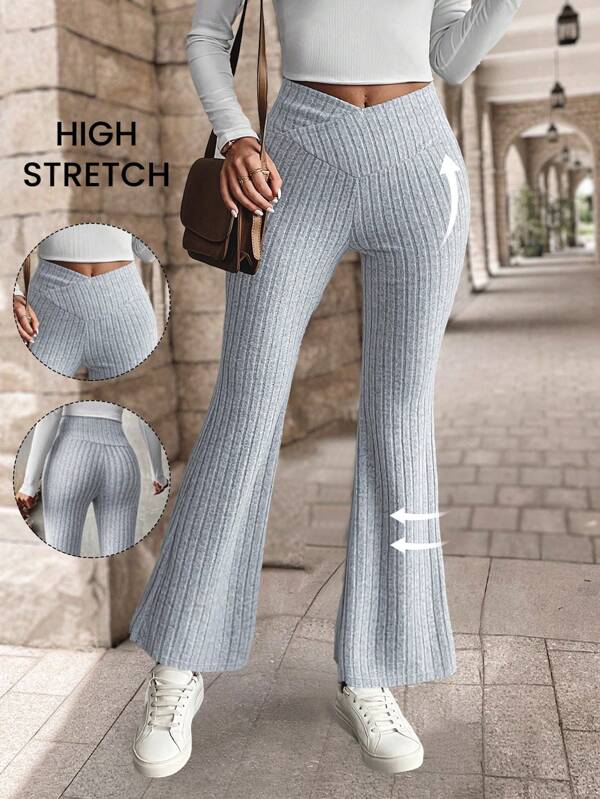 EMERY ROSE سراويل ضيقة نسائية بلون واحد وتصميم بسيط للحياكة المحززة ، يومية عادية