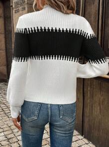 SHEIN LUNE High Neck Color Block Lantern Sleeve Casual Commute Pullover Sweater For Women,Long Sleeve Tops In Fall/Winter - Multicolor - View 2