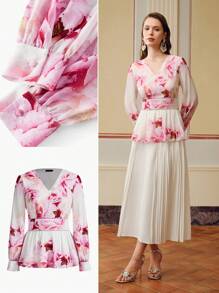 ZEYLAH FLORAL PRINT V-NECK LANTERN SLEEVE PEPLUM TOP WITHOUT BELT - Pink - View 2