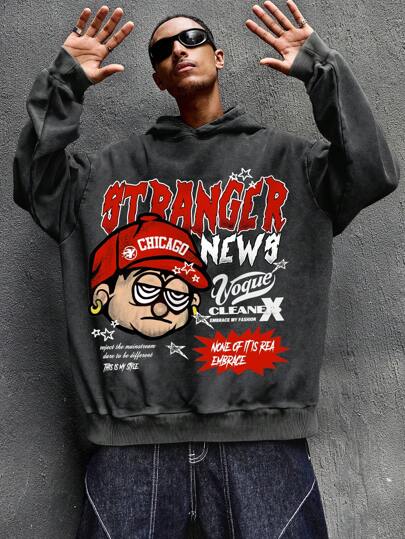 Street Life Men's Casual Slogan & Cartoon Character Printed Long Sleeve Hoodie, Autumn Winter