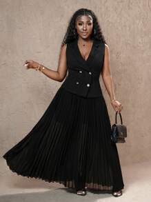 Slaydiva 2pcs Elegant Women Set: Sleeveless Vest Top And Skirt - Black - View 4