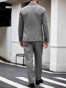Manfinity Mode 男士纯色翻领长袖单排扣夹克和裤子休闲西装套装，秋季 - 灰色 - 查看 3