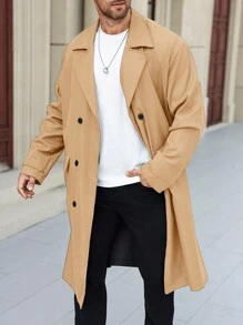 Manfinity Homme Áo khoác dài tay cổ ve màu trơn cỡ lớn cho nam, quần áo mùa thu, hai hàng khuy, thường ngày - Màu be - Xem 7