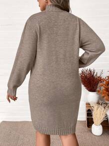 EMERY ROSE Plus Size Khaki/Camel Pocketed Long Sleeve Knitted Dress With Twist Rope Splice, High Collar Sweater Dress, For Winter - Khaki - View 2