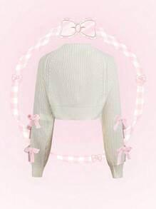 Lyrianda Plus Size Ribbed Knit Bow Decor Cardigan Sweater For Women, Long Sleeve, For Winter - White - View 2