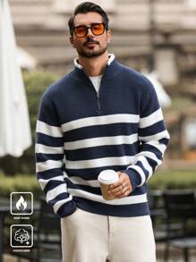 Manfinity CityGents Suéter casual de manga larga con cuello alto de media cremallera, estampado de bloques de color y rayas, para salir, para el esposo