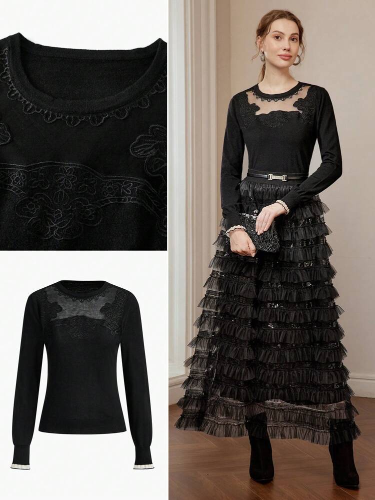MESH INSERT EMBROIDERY DETAIL SLIM FIT SWEATER, KNIT PULLOVER FALL WINTER