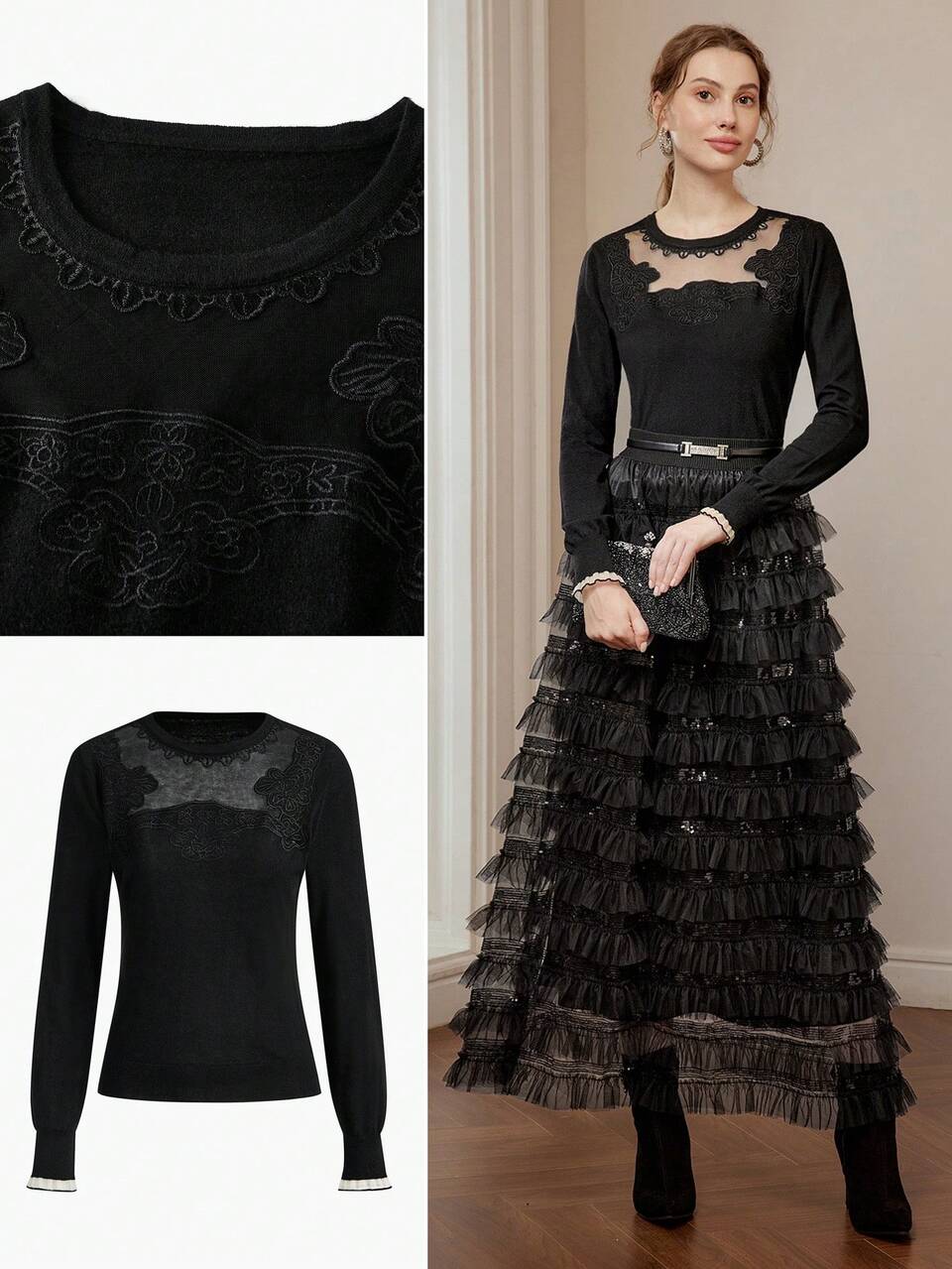 MOTF MESH INSERT EMBROIDERY DETAIL SLIM FIT SWEATER, KNIT PULLOVER FALL WINTER