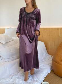 DAZY Velvet & Lace Patchwork Nightgown, Winter Pajama - Purple - View 7