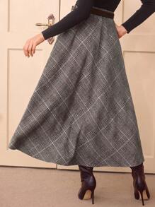 Vintamour Falda con estampado de cuadros de cintura alta estilo elegante y vintage con bolsillos para mujer, falda evasé casual para salir, fiestas, Navidad, otoño, atuendos de Acción de Gracias, de color marrón, burdeos, larga para otoño e invierno