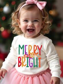 SHEIN 女婴“Merry And Bright”彩色圣诞字母印花柔软针织圆领超大厚毛衣，适合秋冬季圣诞节