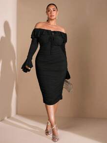 SHEIN BAE Plus Size Fall Sweet Sexy Elegant Woman Green Off Shoulder Ruffle Gathered Long Sleeve Mid-Length Dress Party Dress Wedding Guest Dress Sweet Dress Sexy Women Outfits Fall Clothes Sexy Women Dresses Elegant Women Dresses