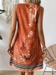SHEIN LUNE Dames zomervakantiestijl bloemenprint ingekeepte v-hals losse tankjurk