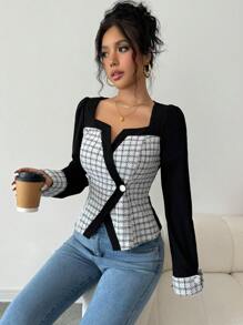 Selianne 女式撞色拼接通勤优雅法式可爱休闲聚会约会撞色黑白长袖弹力针织百搭粗花呢甜心领方领圆领纽扣修身腰部时尚原创设计衬衫女式衬衫，长袖上衣 - 黑色 - 查看 3