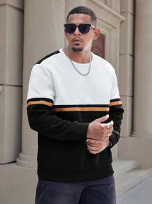 Manfinity Homme Plus Size Men's Contrast Color Round Neck Casual Pullover Sweatshirt - Black - View 6