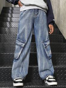 Tween Girl Casual Y2K Personality Slant Pocket Utility Washed Tie-Dye Loose Straight Leg Cargo Jeans, Streetwear Style