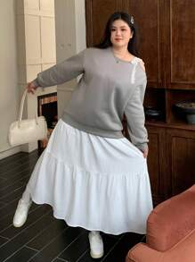 Dazy Petite Plus Damen Große Größen Lässig Kontrast Spitze Kordelzug Schulterfreier Loose Crew Neck Fleece Sweatshirt, Herbst/Winter, Damenmode