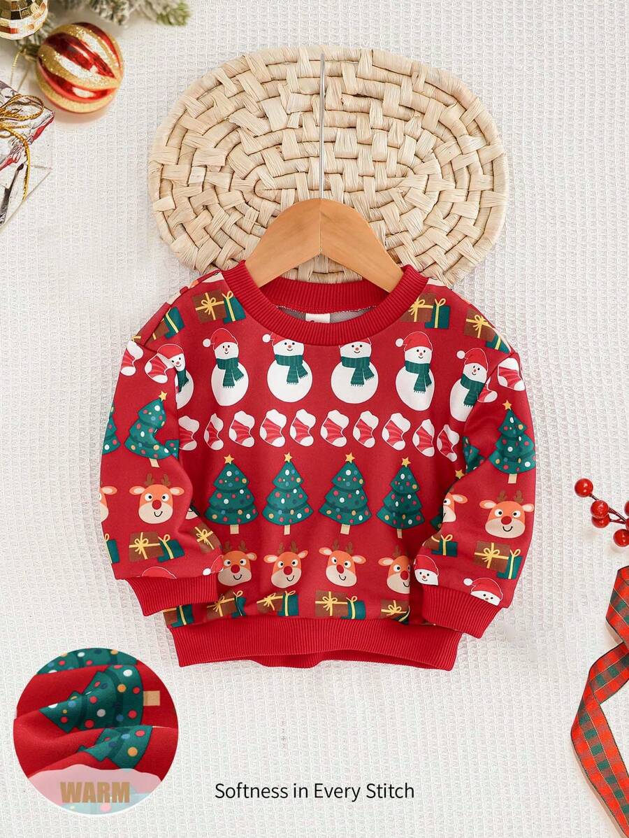 Cozy Pixies Sweat-shirt à col ras-du-cou en tricot doux à manches longues avec motif de Noël pour bébé garçon - Rouge - Voir 1