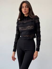 Aloruh New Lace Stand Collar Long Sleeve Top With Frill Trim - Black - View 1