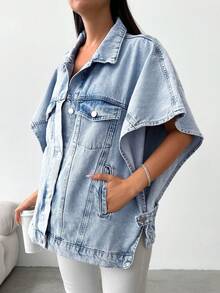 RueChic 100%Cotton Flap Pocket Batwing Sleeve Denim Jacket - Light Wash - View 4