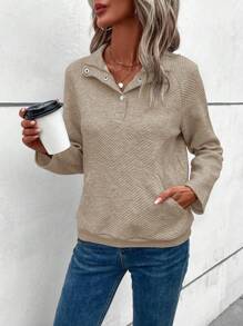 SHEIN LUNE 女式休闲纯色插肩袖长袖纽扣半襟运动衫，秋季 - 杏色 - 查看 4