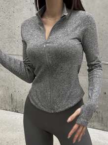 DAZY Women's Fitted Stand Collar Zip Up Long Sleeve Sports Top,Fall Women Clothes - Grey - View 3