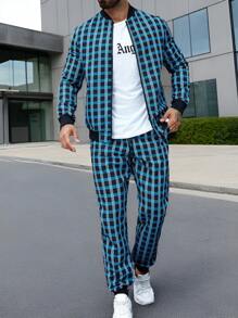 Manfinity Homme 男士格子印花拉链口袋长袖夹克和裤子休闲西装 - 彩色 - 查看 4