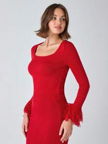 Enchnt Femmes Pull ajusté élégant de couleur unie avec poignets en dentelle, automne/hiver - Noir - Voir 4