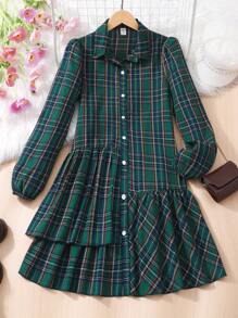 少女休闲格子印花灯笼袖不对称下摆领衬衫裙，春秋款 - 綠色 - 查看 1