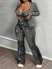 Slaydiva 2pcs Women Leopard Print Top And Casual Pants Set - Grey - View 7