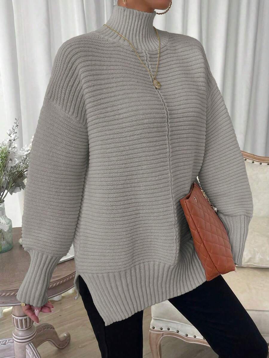 Chiquease Casual Solid Color Turtleneck Sweater With Side Slit, Autumn/Winter Knit Pullover Fall Outfit - Grey - View 1