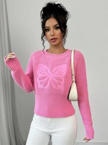 Elenzga 女士休闲纯色蝴蝶刺绣针织套头衫 秋冬款 - 粉色 - 查看 6