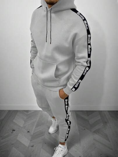 Manfinity Homme 2 st. herrluvtröja med snodd och ficka, luvtröja och mjukisbyxor med fickor, vardaglig mjukisdräkt, höstkläder