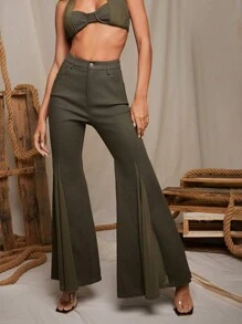 Denimoi Women's Solid Color High Waist Pockets Splicing Mesh Flare Pants, Elegant - Olive Green - View 7
