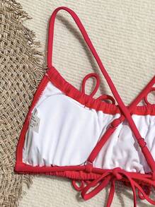 Swim Mod 1pc Women 3D Floral Applique Spaghetti Strap Bikini Top Summer - Red - View 6