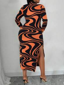 Maweii Plus Size Women Wavy Striped Long Sleeve Side Slit Fitted Sweater Dress, Autumn/Winter - Black - View 2
