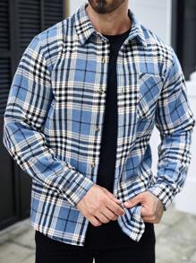Manfinity Homme Men's Casual Plaid Patchwork Chest Pocket Shacket - Multicolor - View 3