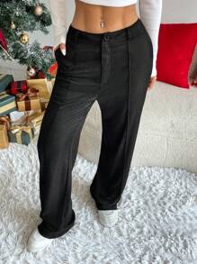 SHEIN EZwear Women's Elegant Shiny Slim Fit Pocket Pants - Black - View 1