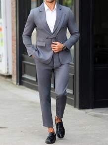 Manfinity Bizformal Conjunto de traje personalizado con diseño de bloques de color para hombres, conjunto de dos piezas para hombres, diseño asimétrico y único en conjunto de traje gris
