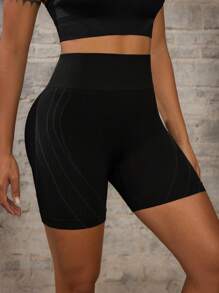 Gameset SHEIN Sport 女士纯色高腰无缝运动短裤，日常健身 - 黑色 - 查看 3