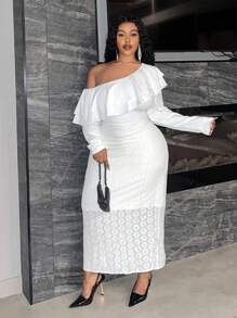 Slaydiva Plus Size Women Elegant Lace Contrast Knitted Dress - White - View 5