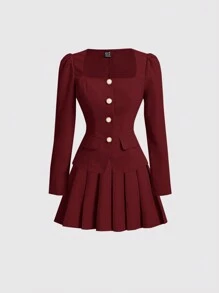 SHEIN MOD Ladies' Apricot Suit Set, Retro Outfit, Back To School - Burgundy - View 1