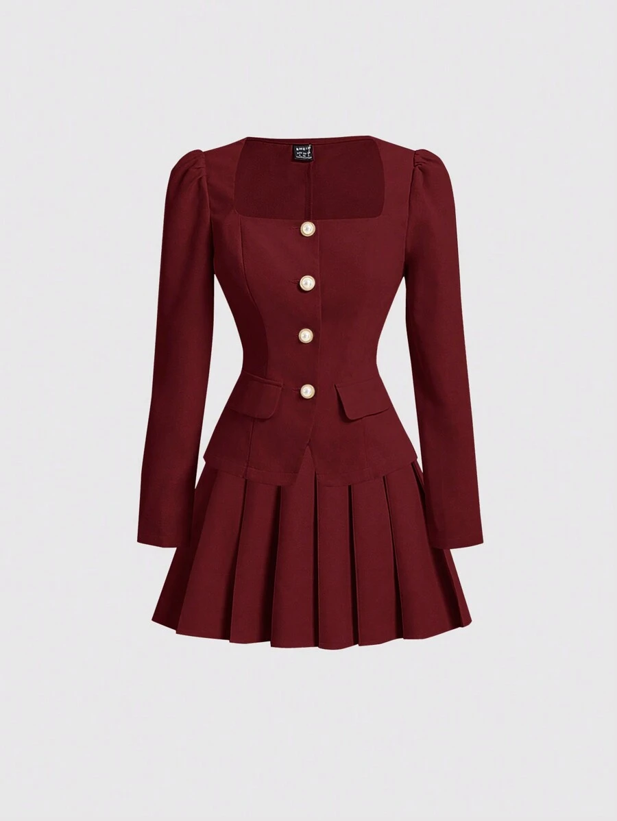 SHEIN MOD Ladies' Apricot Suit Set, Retro Outfit, Back To School - Burgundy - View 1