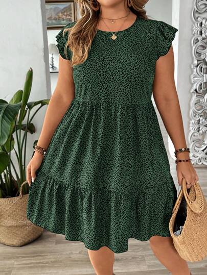 SHEIN VCAY 大码豹纹圆领荷叶边下摆休闲连衣裙