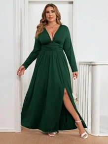 SHEIN Clasi 1 件女式加大码长袖针织连衣裙，柔软舒适，优雅百搭，适合秋冬 - 墨綠色 - 查看 5