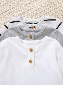 SHEIN 3pcs/Set Newborn Baby Girl Cute Knit Elastic Striped Long Sleeve Romper, Autumn/Winter